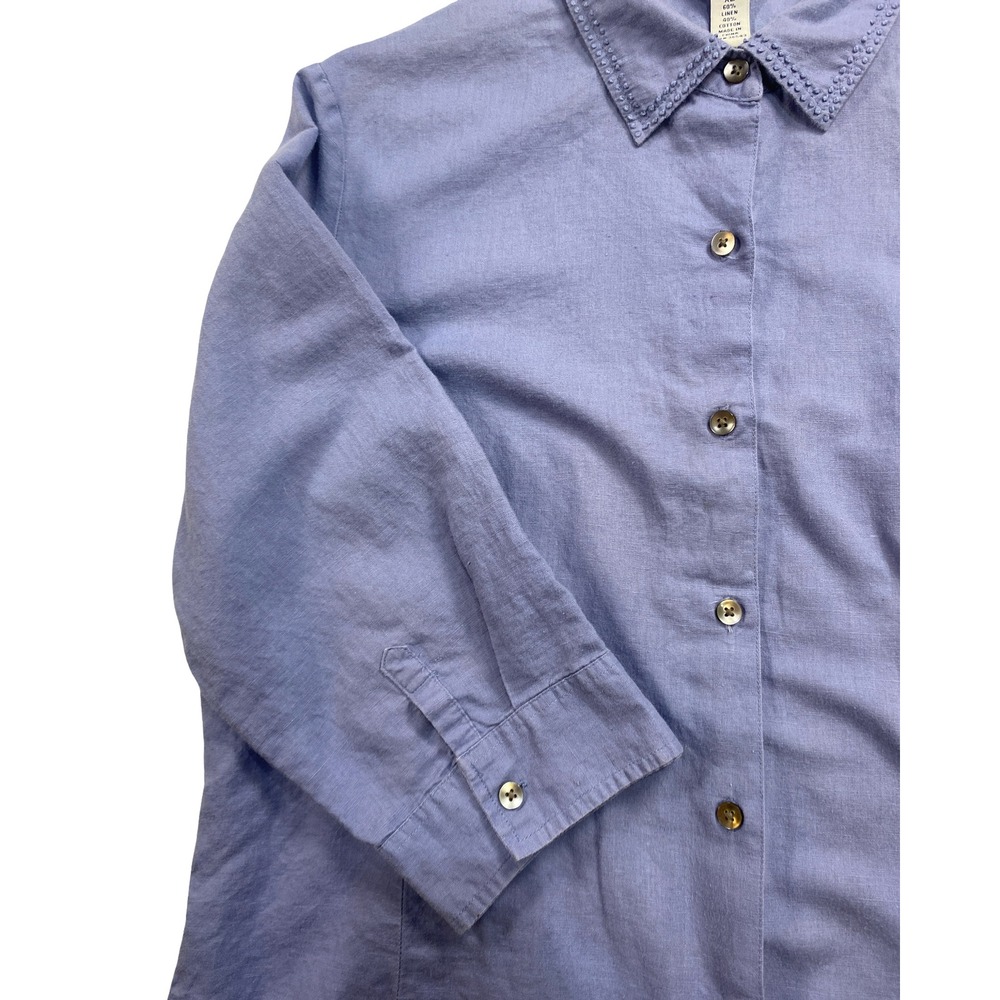 Bass Womens XL Blue Linen Cotton 3/4 Sleeve Button Down Shirt Embroidered Collar - Picture 8 of 10